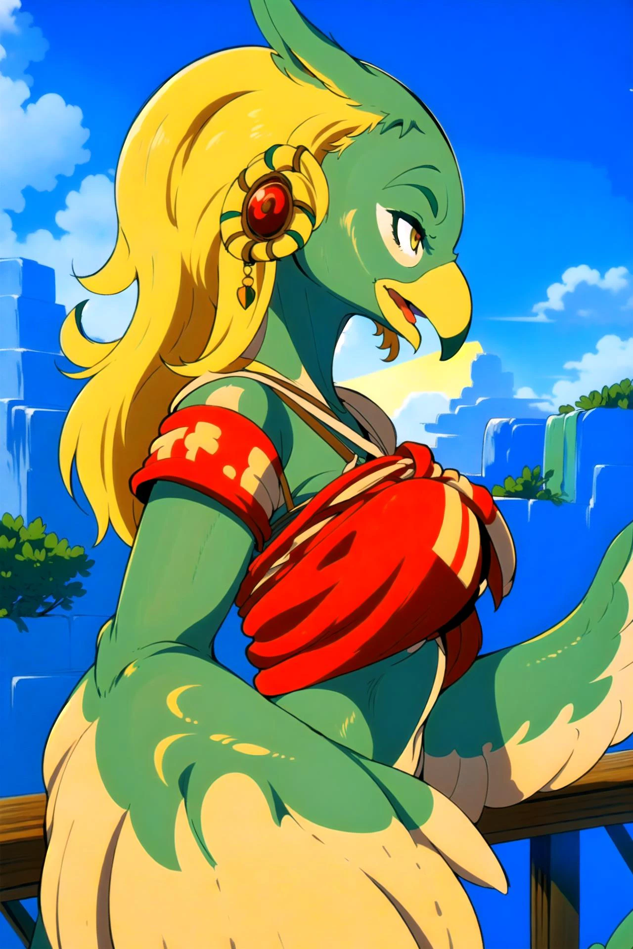 ((amali female green_body)), happy, winged-arms, talons, outdoors, on a cliff, overlooking a beautiful valley in the summer, sunrays, simple shading, thick outlines, vivid colors