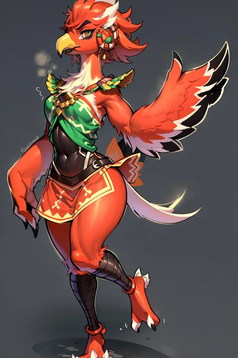 rito, ((cecili female red_body)), solo, winged-arms, talons, masterpiece, dynamic pose, simple shading, thick outlines, vivid colors