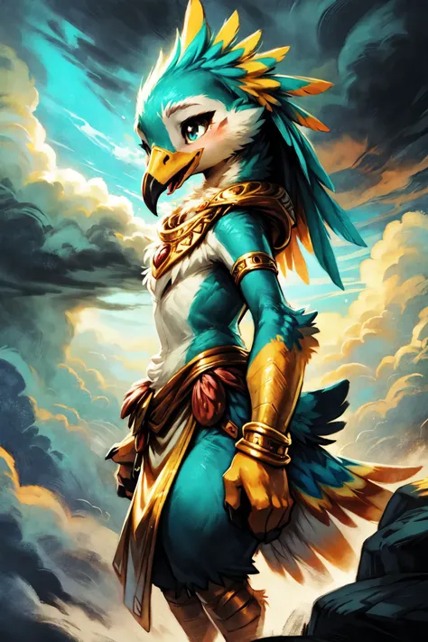 <lora:Furtastic_Detailer:0.8>,  <lora:add_detail:1>,
 nature photography, ultra realistic, masterpiece, [[[epic clouds background, epic clouds, volumetric lighting, volumetric atmosphere, morning mist]]],
slightly above,  three-quarter view, side view,
cute avian anthro, anthro Swan, Golden Pheasant,  ((intricate Teal feathers)),
cute-fine-face, cute Hummingbird face, fluffy chest, cute, girl, young, small beak, flat chest, short neck, (cute, young), young adult, thick thighs, round thighs,
feather head dress, iridescent gold, golden necklace, golden anklets, golden bracelets,
golden harness, intricate golden loincloth, golden vest,
[[Arctic Ice Queen Dress, Icy blue gown with frosty patterns, fur-lined cloak, snowflake jewelry]],
Lustful,
standing on misty rocks, high above the clouds, ground fog, swirling mist,
groveling,
uploaded on e621, (by manmosu marimo:0.4), (by dagasi:0.4), by reign-2004, (by carrot:0.4), by darkgem, by kenket, by Beatrice Ethel Lithiby,
<lora:FurryCoreV2New-07:0.4>, furrycore,
<lora:Riju:0.2>, game_gerudo_riju_aiwaifu69,
<lora:Rito-v1.4-NAI-000003:0.3> rito,
[[nia teppelin, long hair, multicolored hair, two-tone hair,<lora:my_LoRA_niaTeppelin_v1:0.2>, d0r0r0, <lora:dororo:0.3>]],
epic mountain peak, dramatic cliffs, (epic clouds, dramatic clouds, awesome sky),
Oceanic Drama Unfolds, Over the vast expanse of the open sea, storm clouds gather with menacing intent The horizon is a tumultuous sea of dark, churning waves, illuminated by jagged bolts of lightning that streak across the sky Against this backdrop, the silhouette of a lone ship battles the elements, a tiny speck against the awesome power of nature,
[high quality photography, 3 point lighting, flash with softbox, 4k, Canon EOS R3, hdr, smooth, sharp focus, high resolution, award winning photo, 80mm, f2.8],
cinematic composition, cinematic lighting, stunningly beautiful, highly detailed, masterpiece, best quality, realistic, (intricate:0.9), (high detail:1.4), film photography, sharp focus,