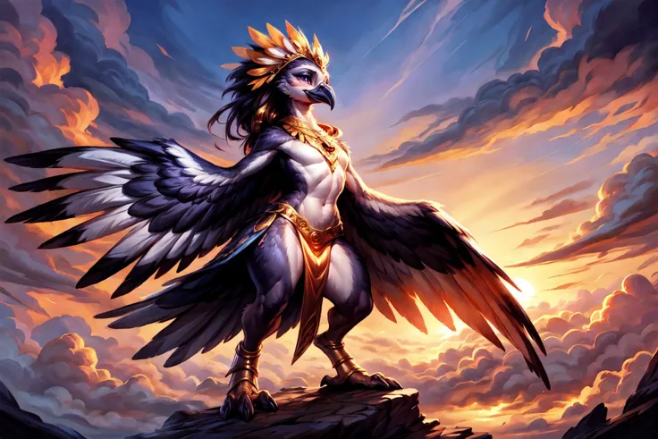 <lora:add_detail:1>, <lora:Furtastic_Detailer:0.8>,
 panorama view, (nature photography, ultra realistic), masterpiece, epic clouds background, epic clouds, dawn, sunrise colors, fantasy illustration, matte painting, concept art, low angle shot, volumetric lighting, volumetric atmosphere, morning mist, art by james gurney, unreal engine 5, 8 k,
above shot,  three-quarter view, (side view:0.5),
cute avian anthro, anthro Penguin,  Snowy Owl, Peacock,
cute-fine-face, ultra cute face, fluffy chest, cute, girl, young, small beak, flat chest, short neck, (cute, young), young adult, thick thighs, round thighs, buff,
feather head dress, iridescent gold, golden necklace, golden anklets, golden bracelets,
golden harness, intricate golden loincloth,
hair over eye,
Furious,
standing on rocks, high above the clouds,
Runway Ready, A dynamic mid-stride pose, capturing the essence of a runway model in motion
uploaded on e621, (by ulitochka:0.5), by castitas, (by dagasi:0.3), by Bonifasko, by Barbara Takenaga, by thebigslick, by Taran Fiddler,
<lora:FurryCoreV2New-07:0.2>, furrycore,
<lora:Riju:0.2>, game_gerudo_riju_aiwaifu69,
<lora:Aven:0.1> Aven, bird man,
<lora:Rito-v1.4-NAI-000003:0.1> rito,
epic mountain peak, dramatic cliffs, ((epic clouds, dramatic clouds, awesome sky)),
Heavenly Sunset Blaze, As the sun begins its descent below the horizon, the sky erupts into a fiery display of color Ribbons of gold, crimson, and violet streak across the heavens, casting a warm glow over the landscape below Wispy clouds catch the last rays of sunlight, transforming into a luminous canvas of celestial beauty,
[high quality photography, 3 point lighting, flash with softbox, 4k, Canon EOS R3, hdr, smooth, sharp focus, high resolution, award winning photo, 80mm, f2.8],
cinematic composition, cinematic lighting, stunningly beautiful, highly detailed, masterpiece, best quality, realistic, (intricate:0.9), (high detail:1.4), film photography, sharp focus,