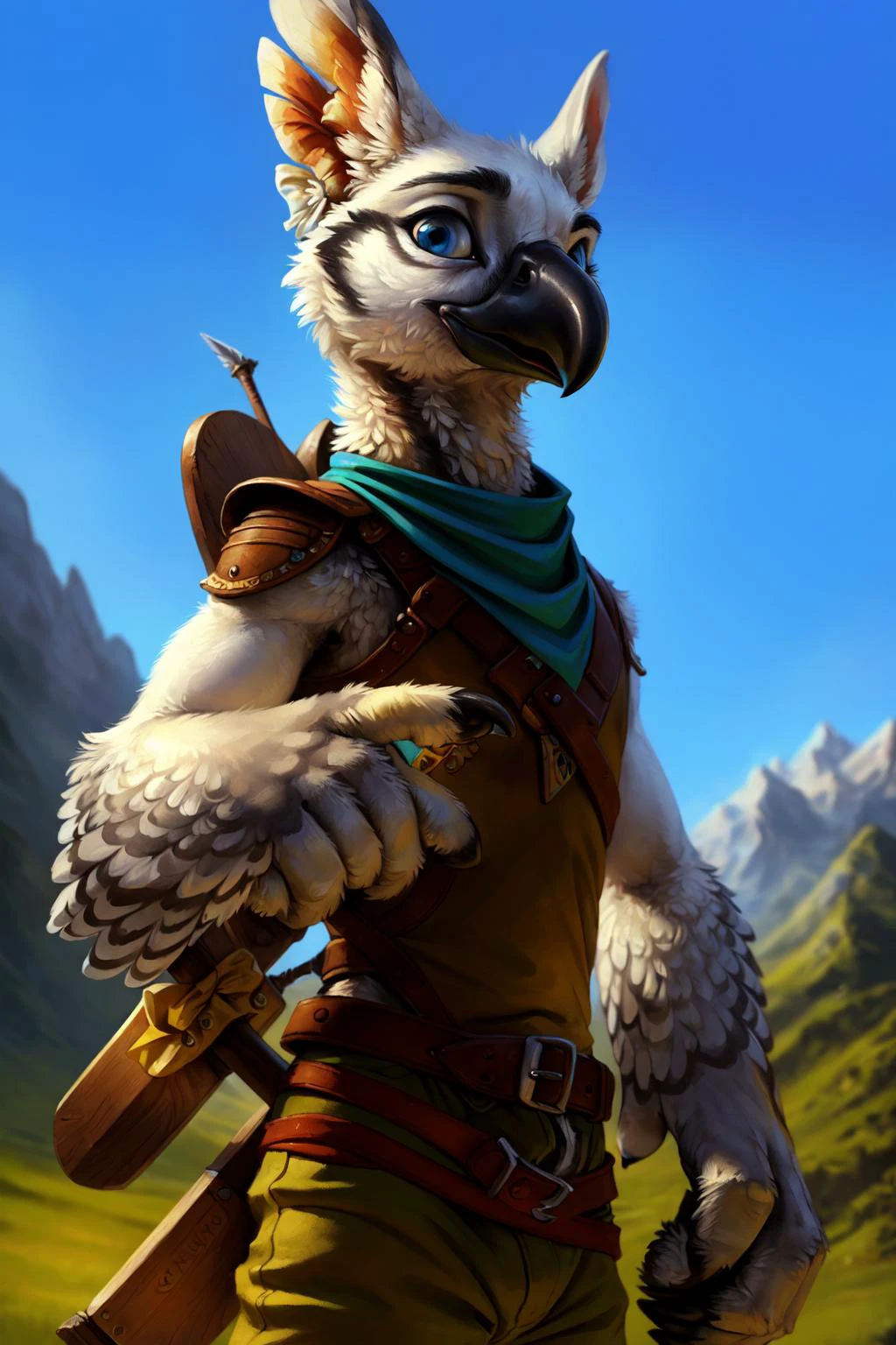 uploaded on e621, by SilverFox5213, by silgiriya mantsugosi, by Carl Heinrich Bloch, by kenket, low-angle view, male, solo, rito, winged-arms, cub, young, child, white feathers, black beak, blue eyes, green neckerchief, (bow \(weapon\)), mountain background, grass, (absurd_res, best quality, masterpiece), (realistic, photo-realistic), high quality, excellent lighting, realism, <lyco:Rito-v1.4-NAI-000003:0.8>