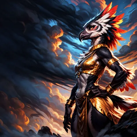 ASCII<lora:add_detail:1>, <lora:Furtastic_Detailer:0.8>,
 nature photography, ultra realistic, masterpiece, [[[epic clouds background, epic clouds, volumetric lighting, volumetric atmosphere, morning mist]]],
hero view,  side view,
cute avian anthro, anthro Snowy Owl, Scarlet Macaw,  ((intricate Chartreuse feathers)),
cute-fine-face, cute Owl face, fluffy chest, cute, girl, young, small beak, flat chest, short neck, (cute, young), young adult, thick thighs, round thighs,
feather head dress, iridescent gold, golden necklace, golden anklets, golden bracelets,
golden harness, intricate golden loincloth, golden vest,
[[Moonlit Serenade Dress, Soft silver gown with musical note patterns, celestial tiara]],
evil grin,
standing on misty rocks, high above the clouds, ground fog, swirling mist,
standing, hands on hip,
uploaded on e621, (by ulitochka:0.5), by Bonifasko, by Barbara Takenaga, by thebigslick, by Taran Fiddler, by Totesfleisch8, (by dagasi:0.5),
<lora:FurryCoreV2New-07:0.4>, furrycore,
<lora:Riju:0.2>, game_gerudo_riju_aiwaifu69,
<lora:Rito-v1.4-NAI-000003:0.3> rito,
[[game_gerudo_riju_aiwaifu69, <lora:Riju:0.2>, salazzle, <lora:Salazzle:0.2>]],
epic mountain peak, dramatic cliffs, (epic clouds, dramatic clouds, awesome sky),
The Stormy Symphony, Dark, brooding storm clouds gather on the horizon, casting an ominous shadow over the land Jagged bolts of lightning dance across the sky, illuminating the swirling mass of clouds with brilliant flashes of light The air is charged with electricity, and the distant rumble of thunder echoes ominously in the distance,
[high quality photography, 3 point lighting, flash with softbox, 4k, Canon EOS R3, hdr, smooth, sharp focus, high resolution, award winning photo, 80mm, f2.8],
cinematic composition, cinematic lighting, stunningly beautiful, highly detailed, masterpiece, best quality, realistic, (intricate:0.9), (high detail:1.4), film photography, sharp focus,