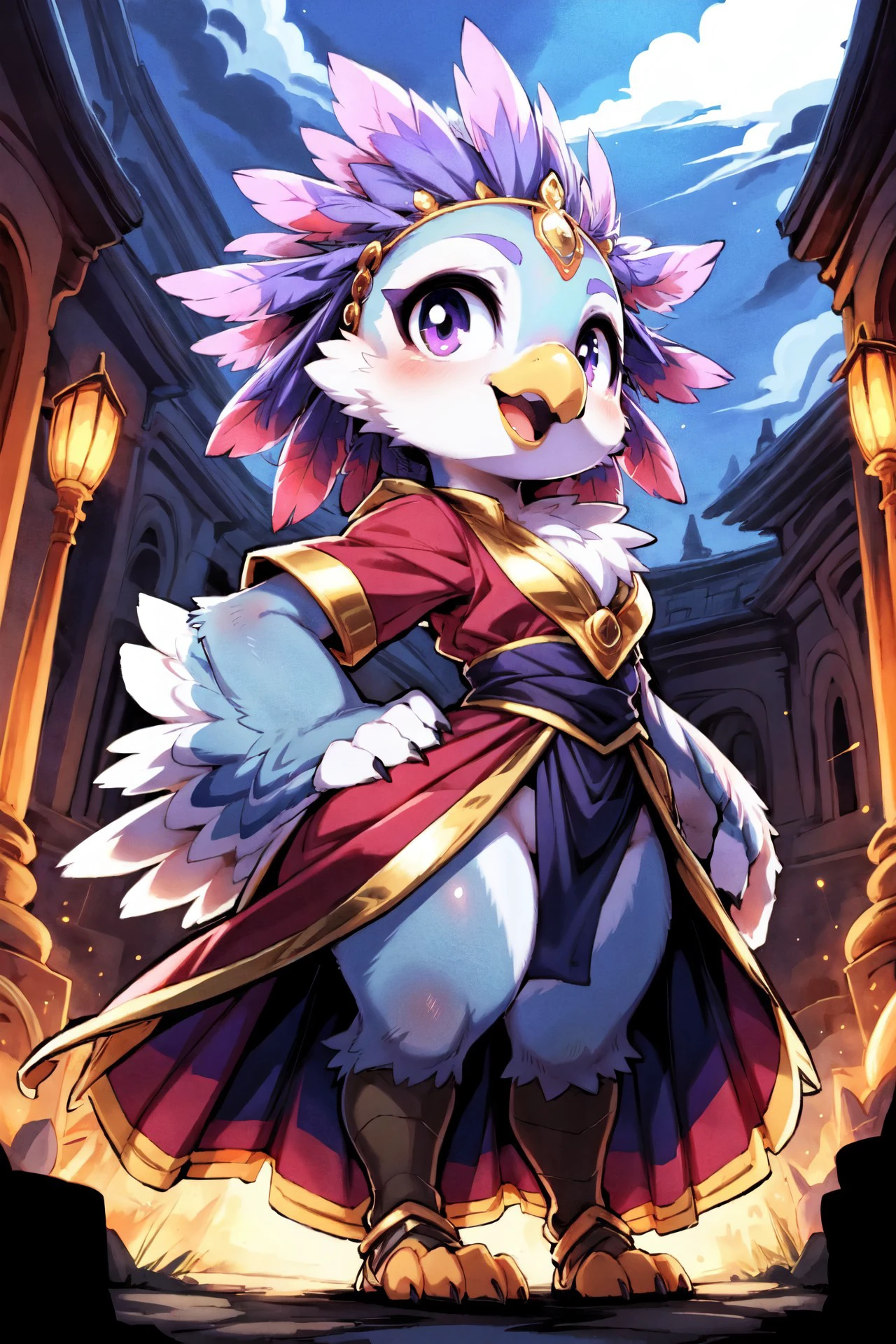 <lora:add_detail:0.5>, <lora:Furtastic_Detailer:0.5>,
 nature photography, masterpiece,
low angle,  rear view, backside, seen from behind,
cute avian anthro, anthro Great Horned Owl, Lilac-breasted Roller, (intricate Maroon feathers),
cute-fine-face, cute , face, fluffy chest, cute, girl, young, small beak, flat chest, short neck, (cute, young), young adult, thick thighs, round thighs,
feather head dress, iridescent gold,
[Crystal Empress Robes, Iridescent crystal-themed gown with holographic patterns, gemstone tiara],
Enthusiastic,
standing, hands on hip, dynamic pose,
uploaded on e621, (by dagasi:0.4), (by Manmosu Marimo:0.4), by Youjomodoki, by Kyoto Animation, by Hokusai,
<lora:Vivid_Impactful_Style_locon_v4h:0.4> , vvi\(artstyle\),
<lora:mika_locon_v3l:0.2>,
<lora:FurryCoreV2New-07:0.2>, furrycore,
<lora:Riju:0.1>, game_gerudo_riju_aiwaifu69,
<lora:Rito-v1.4-NAI-000003:0.2> rito,
[mlptwilight, purple hair <lora:mlp_twilightsparkle:0.2>, nicolewatterson, <lora:nicolewatterson-v1-locon:0.4>],
Haunted Graveyard, Eerie landscape with crumbling tombstones, twisting paths, haunted mansion,
Celestial Symphony, High above the world a canopy of swirling clouds stretches out in all directions, The sky is a masterpiece of color and texture with billowing cumulus clouds painted in shades of pink orange and lavender, Sunlight filters through the layers of mist casting a soft golden hue over the scene below,
detailed, high quality, 4k, smooth, sharp focus, high resolution, masterpiece, best quality, (intricate:0.9), (high detail:1.4),