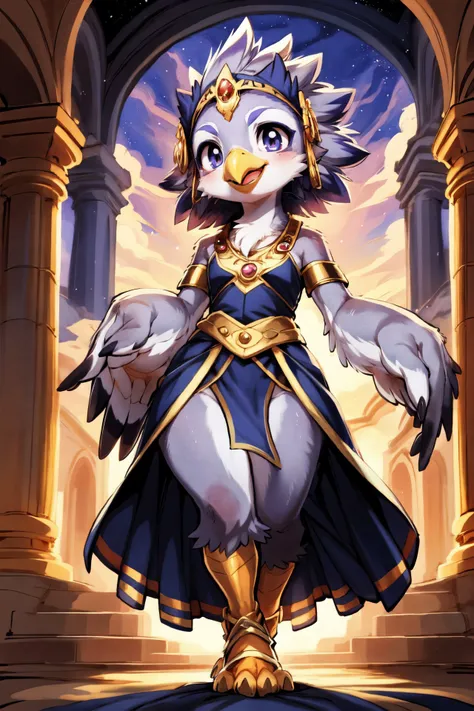 <lora:add_detail:0.5>, <lora:Furtastic_Detailer:0.5>,
 nature photography, masterpiece,
hero view,  front view,
cute avian anthro, anthro Harpy Eagle, Painted Bunting, (intricate Red feathers),
cute-fine-face, cute Penguin face, fluffy chest, cute, girl, young, small beak, flat chest, short neck, (cute, young), young adult, thick thighs, round thighs,
feather head dress, iridescent gold,
[Celestial Warrior Attire, Flowing iridescent gown adorned with ethereal constellations, metallic sandals, gemstone tiara],
Playful,
resting on a intricate bed, dynamic pose,
uploaded on e621, (by dagasi:0.4), (by Manmosu Marimo:0.4), by Youjomodoki, by Kyoto Animation, by Hokusai,
<lora:Vivid_Impactful_Style_locon_v4h:0.4> , vvi\(artstyle\),
<lora:mika_locon_v3l:0.2>,
<lora:FurryCoreV2New-07:0.2>, furrycore,
<lora:Riju:0.1>, game_gerudo_riju_aiwaifu69,
<lora:Rito-v1.4-NAI-000003:0.2> rito,
[nadia la arwall, short purple hair, <lora:Nadia:0.2>, belladonna, <lora:belladonna-v1-128-novelai:0.3>],
eerie Gothic grand cathedral, stained glass windows, god-rays, mist,
As evening falls the sky is a canvas of soft muted colors with wisps of cirrostratus and cirrocumulus clouds catching the fading light, The last remnants of daylight bathe the clouds in a gentle glow, soft clouds creating a serene and peaceful atmosphere. The clouds with their feathery edges and pale hues of lavender silver and pale blue drift lazily across the darkening sky, soft clouds creating a scene that is both calming and contemplative,
detailed, high quality, 4k, smooth, sharp focus, high resolution, masterpiece, best quality, (intricate:0.9), (high detail:1.4),