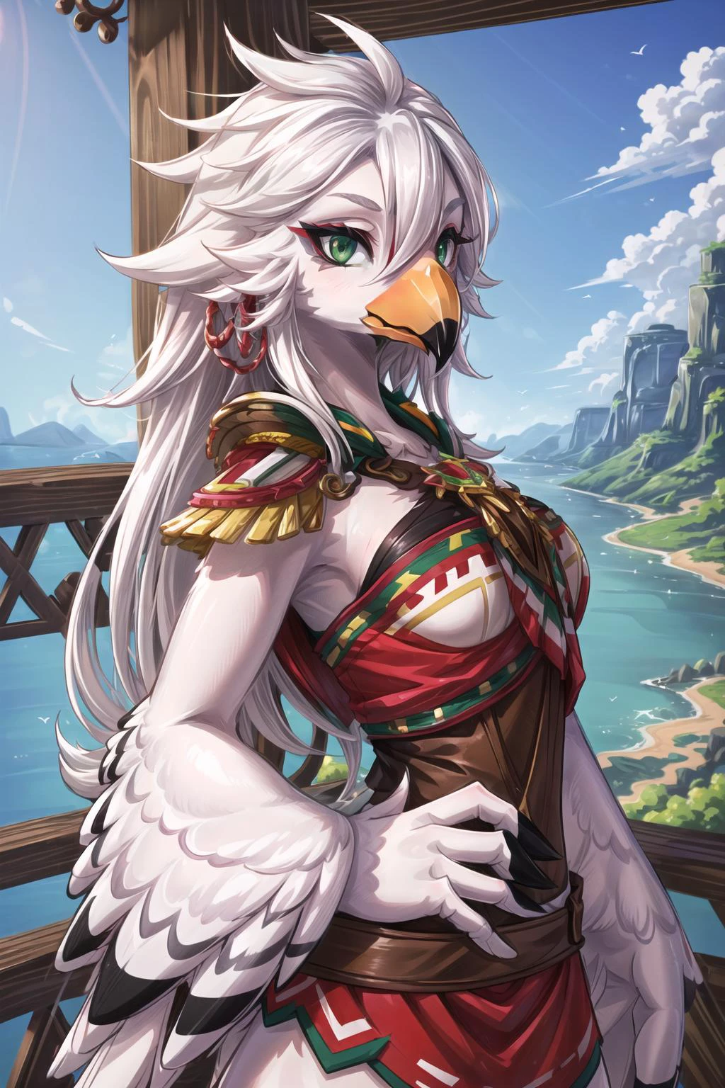 1girl, masterpiece, ultra detailed, <lora:more_details:0.7>, scenery, white hair, hair between eyes, green eyes, long hair, medium breasts, <lora:Rito-v1.4-NAI:0.9> bird, avian girl, anthro, beak, winged-arms, rito