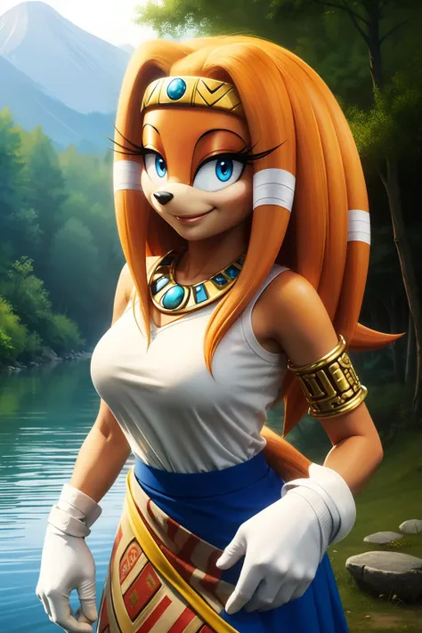 beauty shot, Tikal,blue eyes,animal nose, black tipped nose,orange hair,orange fur,tail,furry, white gloves ,bracelet, jewellery, skirt,bandages ,white shirt,smiling,
standing, sexy pose, mayan village, forest, floating moutain, extreme detail, hdr, fantasy quality, <lora:Tikal-10:.8>