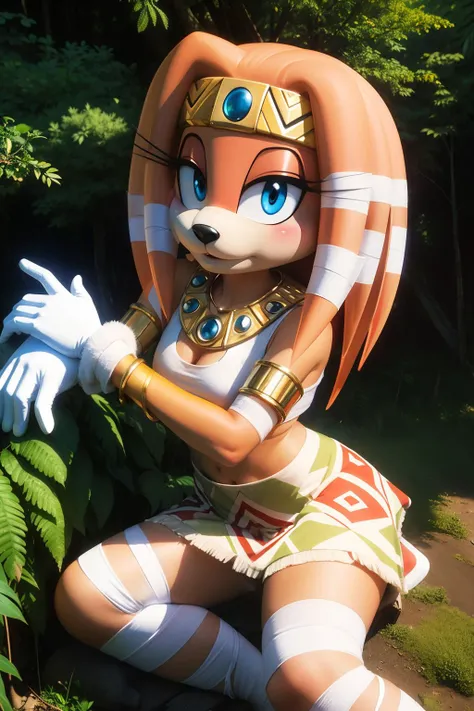 Tikal,blue eyes,animal nose, black tipped nose,orange hair,orange fur,tail,furry, white gloves ,bracelet, jewellery, skirt,bandages , white shirt,serious, (blush:1.3)
sitting, mayan village, forest, sexy, from_above, extreme detail, hdr, fantasy quality, <lora:Tikal-10:.8>