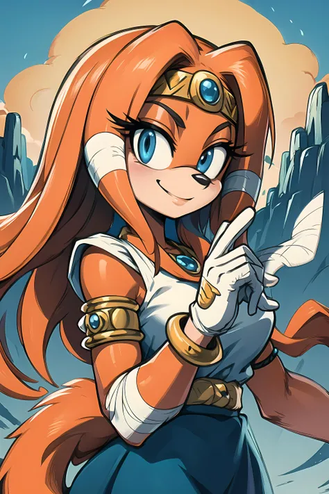 Tikal,blue eyes,animal nose,orange hair,orange fur,tail,furry, TikAttire,white gloves ,bracelet,armlet ,circlet ,gem ,skirt,bandages , white shirt, standing, smiling, upper body, ,village, floating mountains, spring, (insanely detailed, beautiful detailed face, masterpiece, beautiful detailed eyes, best quality),,  (((sfw))), <lora:Tikal:0.7>