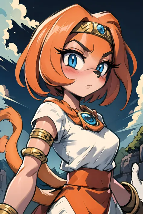 Tikal,blue eyes,animal nose,orange hair,orange fur,tail,furry, TikAttire,white gloves ,bracelet,armlet ,circlet ,gem ,skirt,bandages , white shirt, standing, upper body, ,village, floating mountains, spring, (insanely detailed, beautiful detailed face, masterpiece, beautiful detailed eyes, best quality),,  (((sfw))), <lora:Tikal:0.7>, short hair, blushing,