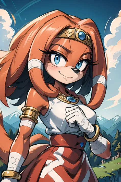 Tikal,blue eyes,animal nose,orange hair,orange fur,tail,furry, TikAttire,white gloves ,bracelet,armlet ,circlet ,gem ,skirt,bandages , white shirt, standing, upper body, ,village, floating mountains, spring, (insanely detailed, beautiful detailed face, masterpiece, beautiful detailed eyes, best quality),,  (((sfw))), <lora:Tikal:0.7>, smile,