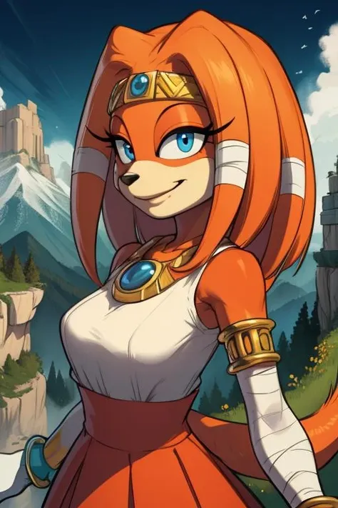 Tikal,blue eyes,animal nose,orange hair,orange fur,tail,furry, TikAttire,white gloves ,bracelet,armlet ,circlet ,gem ,skirt,bandages , white shirt, standing, smiling, upper body, ,village, floating mountains, spring, (insanely detailed, beautiful detailed face, masterpiece, beautiful detailed eyes, best quality), <lora:Tikal:0.7>