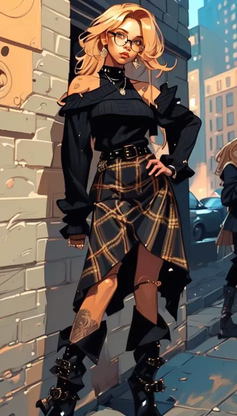 Fawn Vassall, honey blonde twin drills hairstyle, Against a wall, (((masterpiece, best quality, Refined details, megapixel)))
<lora:grung3:0.8> grung3, belt, plaid skirt, black sweater, sleeves past wrists, boots
<lora:v1x0nstyl3:0.8> v1x0nstyl3, tattoos, cityscape, roses, glasses
<lora:Big Tits LoRa:1> huge tits