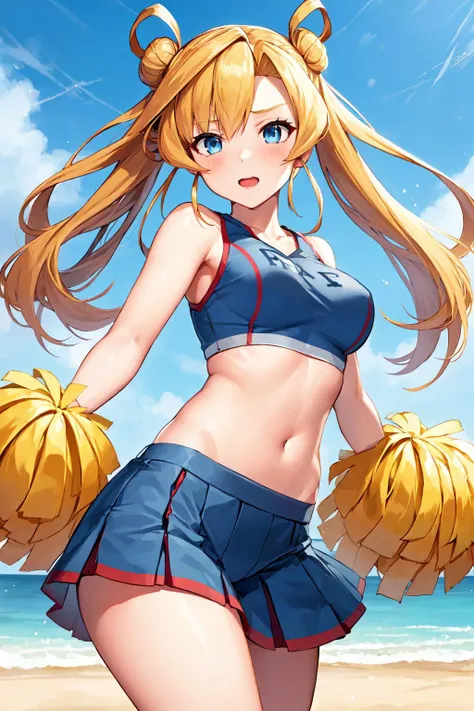 <lora:AbukumaKancolle_V10:1>, 1girl, solo,
abukuma \(kancolle\), blonde hair, long hair, hair bun, hair rings, twintails, blue eyes,
cheerleader,
outdoors,