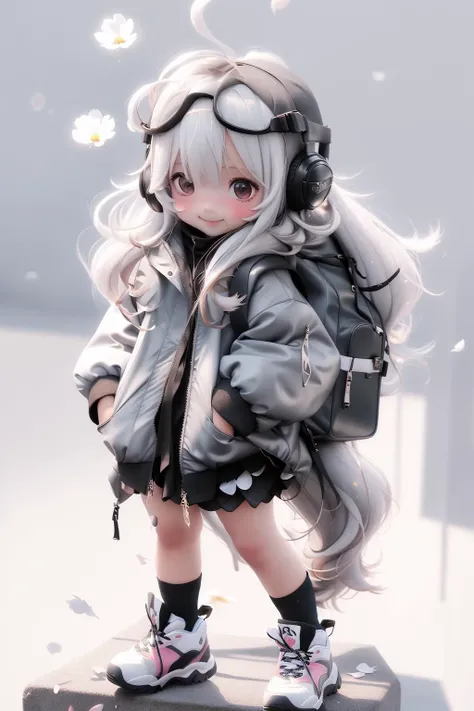 kawj,chibi, 1girl, solo, long hair, smile, backpack, full body, jacket, socks, goggles, bag, long sleeves, white hair, very long hair, sleeves past wrists, looking at viewer, standing, animal ears, shoes, black dress, black socks, closed mouth, puffy sleeves, open jacket, goggles on head, open clothes, brown eyes, puffy long sleeves, petals, dress, headphones, sneakers, white jacket, bangs, blush,   <lora:kawj-000014:1:1:lbw=1,1,1,1,0.2,0.2,1,1,1,1,1,1,1,1,1,1,1>