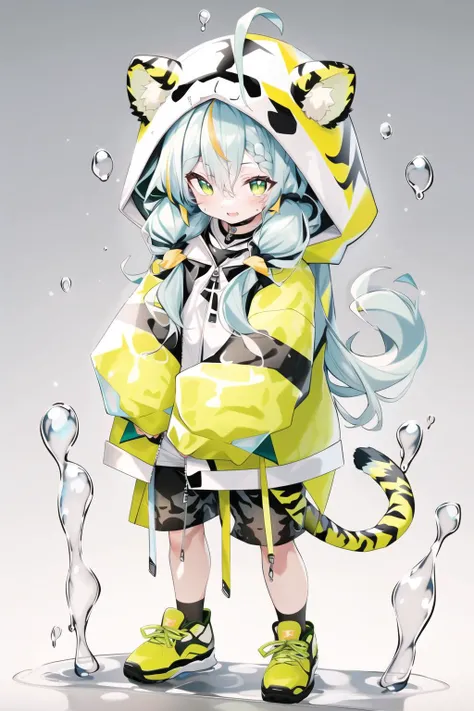kawj, chibi, 1boy, solo, male focus, shorts, tail, full body, hood, animal hood, male child, tiger tail, jacket, long sleeves, animal ears, hood up, animal print, standing, multicolored hair, streaked hair, looking at viewer, hair between eyes, child, water drop, shoes, green eyes, puddle, green footwear, white hair, shirt, blue shorts, bangs, green hair, open jacket, sneakers, tiger ears, tiger print, open mouth, best quality,masterpiece,realistic,HDR,UHD,8K, <lora:kawj:1:1:lbw=1,1,0.2,1,1,1,1,1,1,0.6,1,1,1,1,0,0,1>