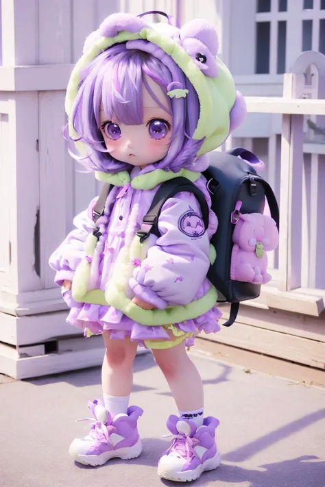 kawj,chibi,1girl, solo, backpack, blush, looking at viewer, shoes, bag, purple hair, full body, long hair, hair ornament, dress, hood, pink eyes, twintails, white footwear, standing, <lora:kawj_V1:0.9>