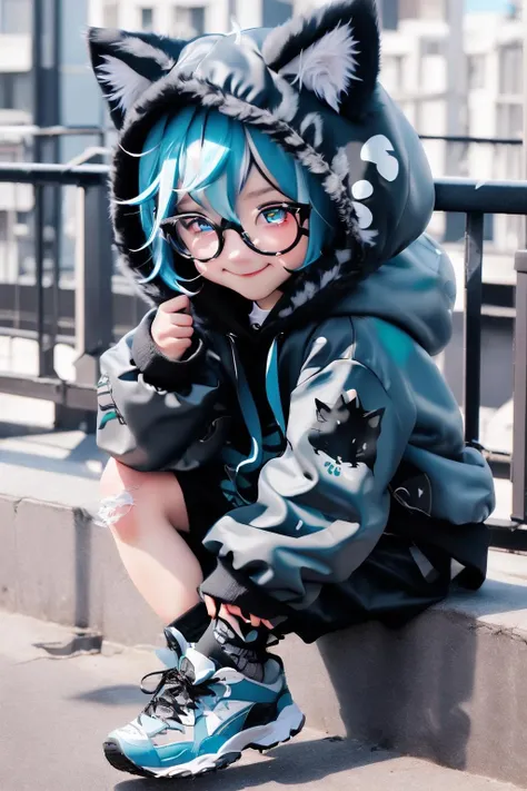 kawj,1boy, male focus, glasses, hood, virtual youtuber, smile, jacket, solo, tail, animal hood, cat hood, black shorts, animal ears, cat, shoes, hoodie, shorts, hood up, sneakers, blue hair, cat ears, green eyes, cat tail, city, <lora:kawj-000018:1:1:lbw=1,1,1,1,0.2,0.2,1,1,1,1,1,1,1,1,1,1,1>