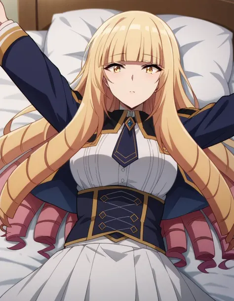score_9, score_8_up, score_7_up, source_anime,
orianarose, <lora:oriana-rose-ponyxl-lora-nochekaiser:1>,
oriana rose, long hair, blonde hair, yellow eyes, drill hair, bangs, blunt bangs, mature female,
skirt, jacket, necktie, white skirt, corset,
indoors, bed, bed room, on back, arm support, arms up, incoming hug, pov, reaching, reaching towards viewer,
looking at viewer, dutch angle,