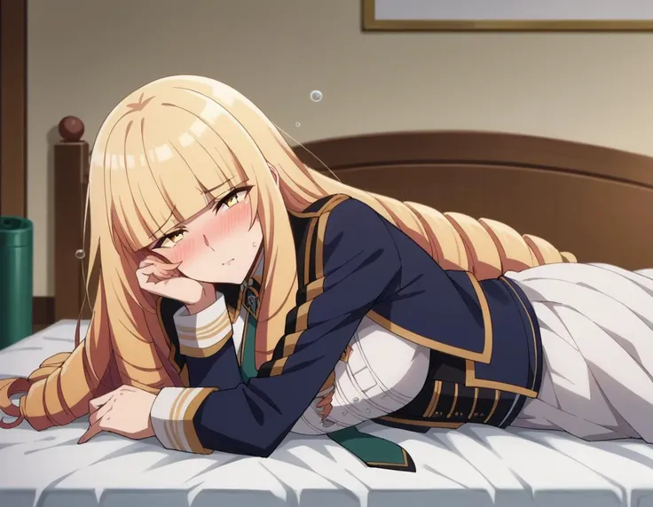 score_9, score_8_up, score_7_up, source_anime,
orianarose, <lora:oriana-rose-ponyxl-lora-nochekaiser:1>,
oriana rose, long hair, blonde hair, yellow eyes, drill hair, bangs, blunt bangs, mature female,
skirt, jacket, necktie, white skirt, corset,
indoors, bed, bed room, on side, blush, drunk,
looking at viewer, dutch angle,