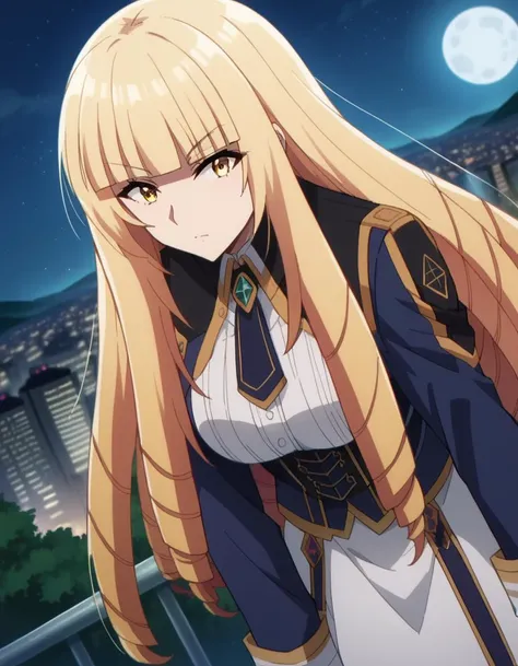 score_9, score_8_up, score_7_up, source_anime,
orianarose, oriana rose, long hair, blonde hair, yellow eyes, drill hair, bangs, blunt bangs, mature female,
skirt, jacket, necktie, white skirt, corset,
outdoors, cityscape, night, moon,
looking at viewer, dutch angle,crouched down, Sitting,panties,upskirt,zettai ryouiki