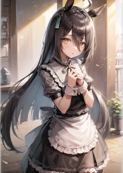 ((masterpiece, best quality)), <lora:Manhattan Cafe:0.6>,1girl,Manhattan Cafe,horse girl,horse ears,hair_between_eyes,long_hair, black_hair,ahoge,yellow_eyes,maid headdress, maid, cafe, cowboy shot,