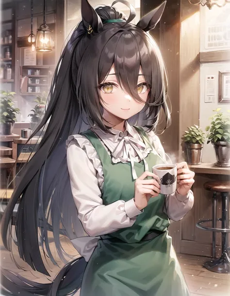 ((masterpiece, best quality)), <lora:Manhattan Cafe:0.6>,1girl,Manhattan Cafe,Manhattan Cafe(Coffee),horse girl,horse ears,hair_between_eyes,ahoge,solo,long_hair, black_hair,yellow_eyes,shirt,long_sleeves,ponytail,collared_shirt,cafe, indoors, smile