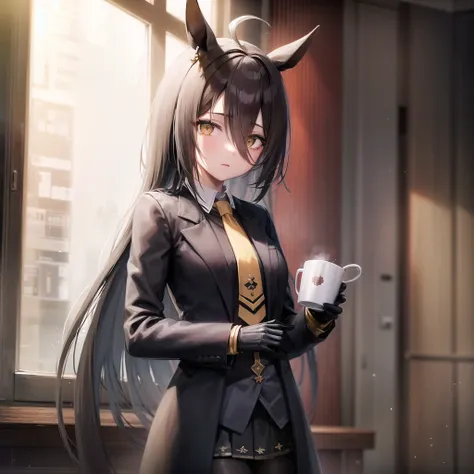 ((masterpiece, best quality)), <lora:Manhattan Cafe:0.5>,1girl,Manhattan Cafe,Manhattan Cafe(Racing clothes),horse girl,horse ears,hair_between_eyes,solo,pantyhose,long_hair, black_hair, black gloves,yellow_eyes,ahoge,necktie,black_jacket,skirt,indoors, holding cup,window,