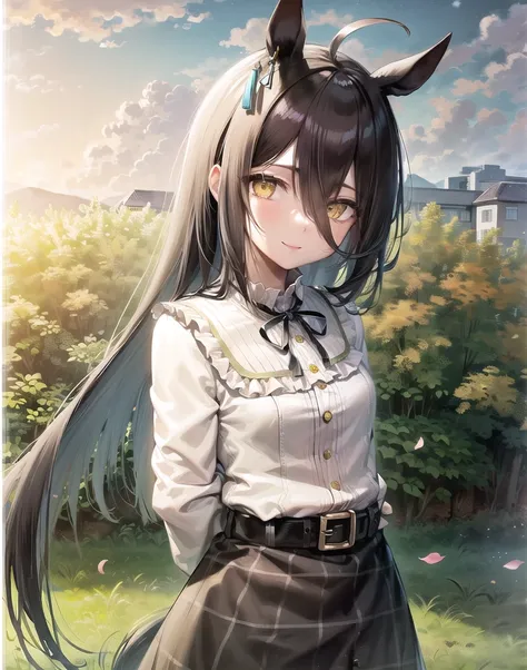 ((masterpiece, best quality)), <lora:Manhattan Cafe:0.6>,1girl,Manhattan Cafe,Manhattan Cafe(Private clothes),horse girl,horse ears,hair_between_eyes,solo,pantyhose,long_hair, black_hair,yellow_eyes,ahoge,green_ribbon,black_skirt, shirt,long_sleeves,belt,smile,outdoors, petals, flower meadow,standing,arms behind back,from side, looking at viewer, cloudy sky,