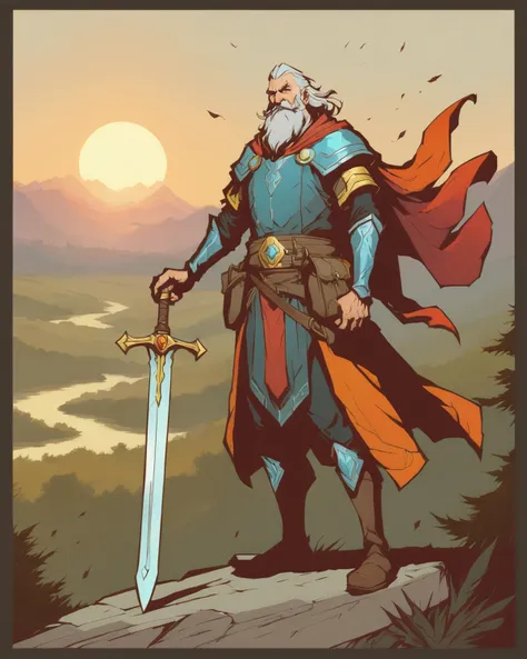 jhyd style <lora:jhyd-step00001000:1>, masterpiece, full body, middle aged battle worn fighter, long beard,big magic sword in hand, landscape in background, high saturation, fantasy, d&d