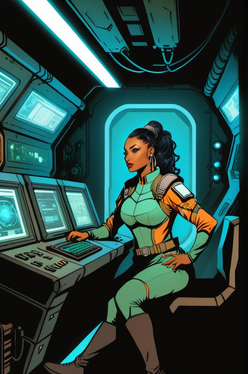 A woman in a green outfit sitting at a desk with a computer - SeaArt AI