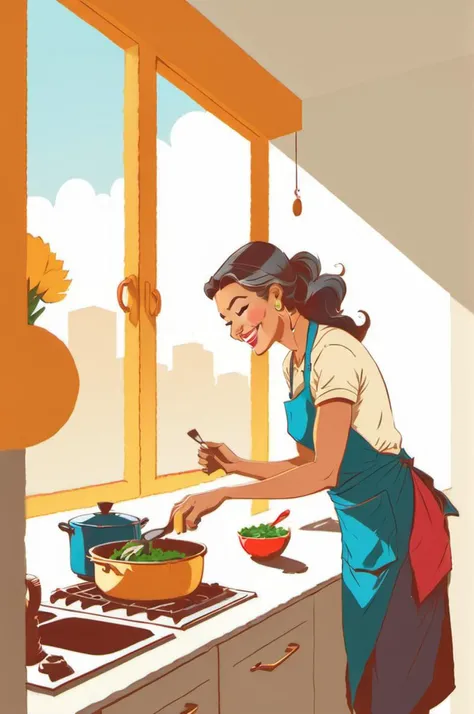 comic illustration 
<lora:jhyd-step00001000:1> JHYD STYLE,, A highly detailed mother in her kitchen preparing meal, window sunny day, happy, smiling,