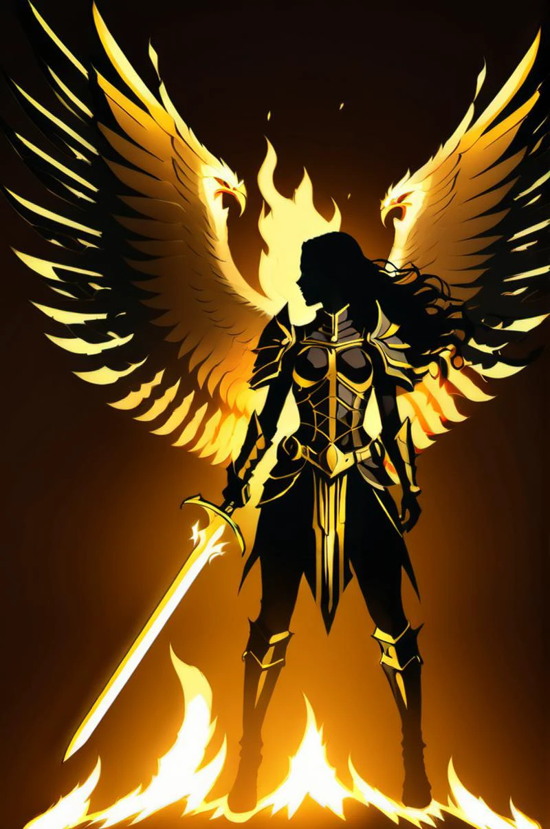 <lora:jhyd-step00001000:1> JHYD STYLE,, epic female warrior on fire ablaze in black and gold armor with angel wings, horror christian cathedral, nighttime,
dungeons and dragons,