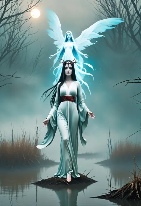 high saturation,female Priestess,Haunted Marshlands background Eerie marshlands with ghostly apparitions, fog, and will-o'-the-wisps floating in the air.,jhyd style <lora:jhyd-step00001000:1>