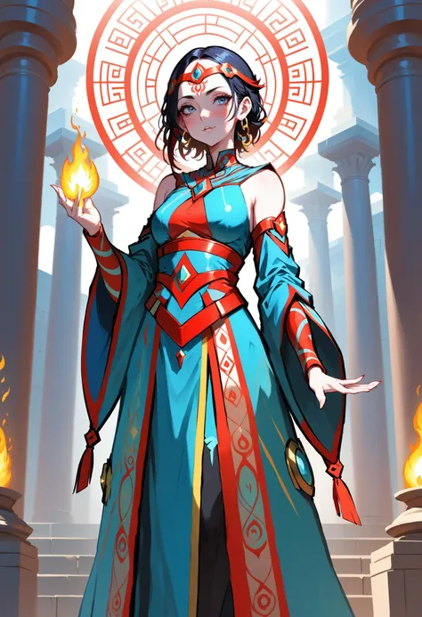 high saturation,female Elementalist,Oracle's Temple: A temple where a wise oracle peers into the future and imparts prophecies.,jhyd style <lora:jhyd-step00001000:1>