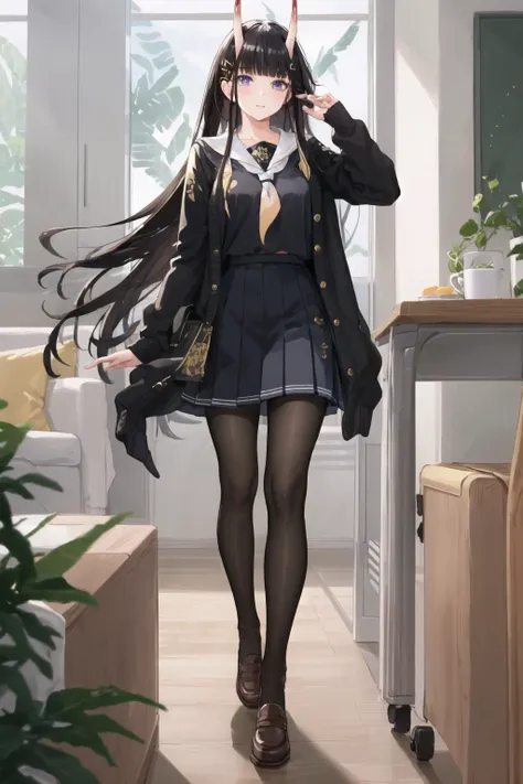 masterpiece, best quality, NshroV4, 1girl, solo, long hair, looking at viewer, skirt, black hair, standing, school uniform, purple eyes, pantyhose, pleated skirt, horns, serafuku, cardigan, oni horns, open cardigan, <lora:NoshiroV4-15:1>