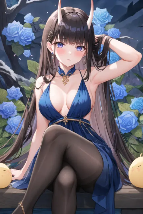 masterpiece, best quality, NshroS4, 1girl, breasts, long hair, dress, horns, pantyhose, solo, hair ornament, black hair, looking at viewer, sitting, oni horns, flower, crossed legs, rose, blue flower, very long hair, black pantyhose, earrings, jewelry, sleeveless dress, blue rose, collarbone, sleeveless, bare shoulders, blue dress, bangs, purple eyes, arm up, parted lips, blush, large breasts, x hair ornament, black dress, blunt bangs, head tilt, hand in own hair, arm behind head, night, petals, halterneck, bare arms, hairclip, blue eyes, medium breasts, <lora:NoshiroV4-15:0.8>
