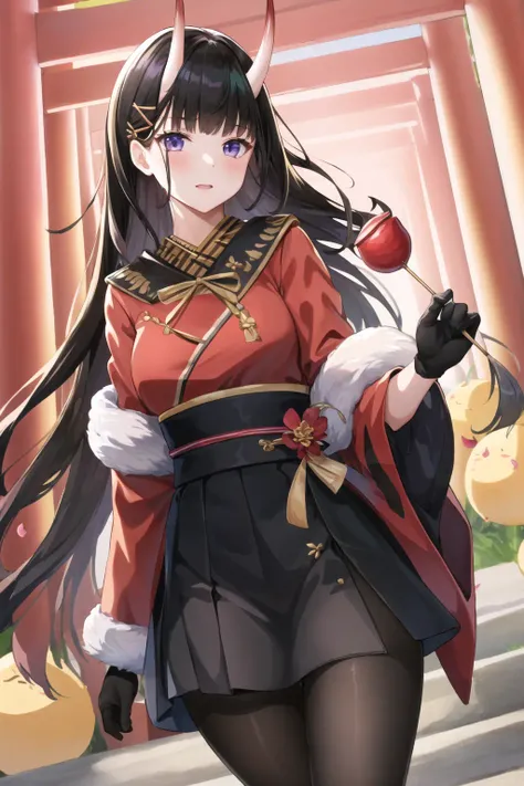 masterpiece, best quality, NshroFS4, 1girl, horns, pantyhose, hair ornament, solo, long hair, candy apple, skirt, black gloves, purple eyes, black skirt, torii, black hair, gloves, food, oni horns, flower, petals, black pantyhose, holding, japanese clothes, <lora:NoshiroV4-15:1>