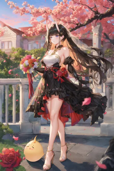 1girl, NshroW4, 1girl, dress, high heels, flower, horns, purple eyes, long hair, veil, bouquet, gloves, black dress, manjuu (azur lane), breasts, black hair, looking at viewer, full body, bridal veil, rose, holding bouquet, holding, jewelry, elbow gloves, earrings, petals, red flower, solo, very long hair, wedding dress, hair ornament, standing, official alternate costume, sky, oni horns, black gloves, outdoors, bare shoulders, <lora:NoshiroV4-15:1>