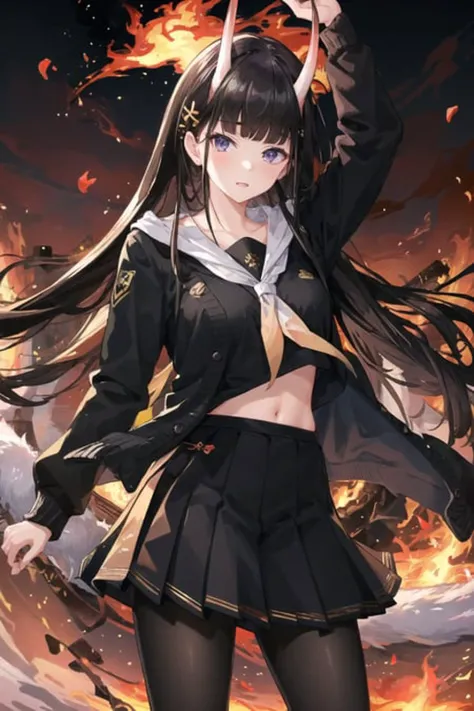 masterpiece, best quality, NshroV4, 1girl, solo, long hair, looking at viewer, skirt, black hair, upperbody, fire in background, school uniform, purple eyes, pantyhose, pleated skirt, horns, serafuku, cardigan, oni horns, open cardigan, <lora:NoshiroV4-15:1>