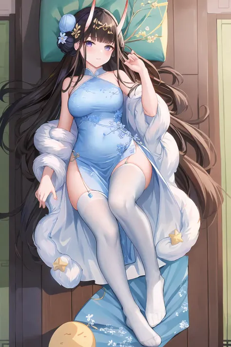 masterpiece, best quality, NshroF4, 1girl, dress, thighhighs, horns, long hair, hair ornament, sleeveless dress, breasts, looking at viewer, sleeveless, official alternate costume, no shoes, chinese clothes, hair bun, china dress, blue dress, purple eyes, lying, white thighhighs, <lora:NoshiroV4-15:1>