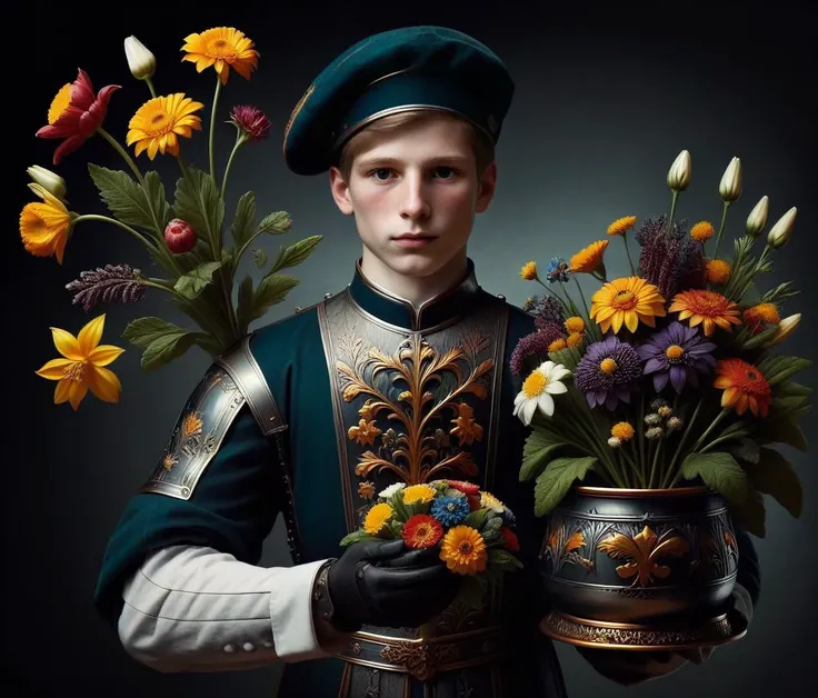 zavy-lndskncht, detailed young servant serves flowers, dark colors, <lora:zavy-lndskncht-sdxl:1>