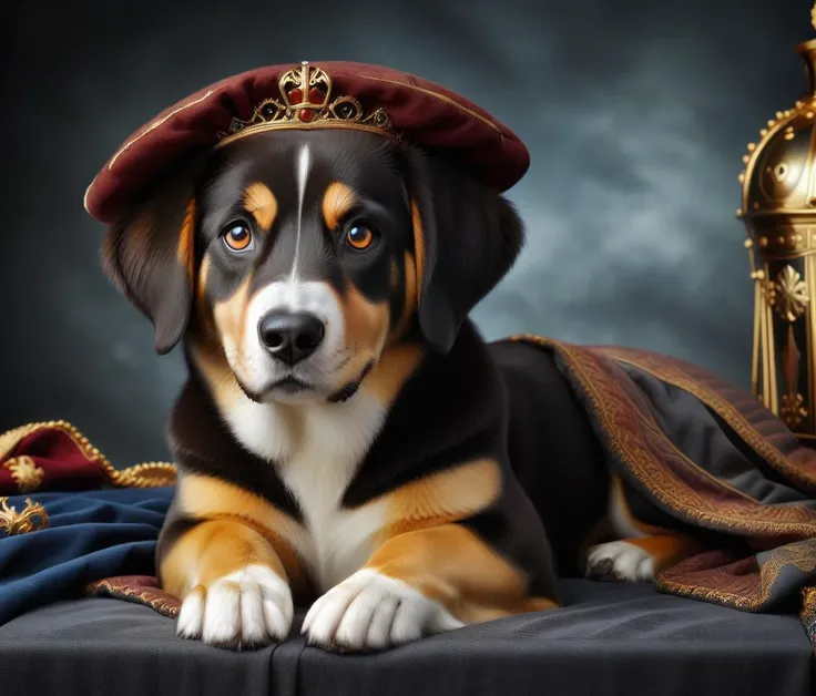 zavy-lndskncht, the royal dog, dark colors, clear brown eyes, <lora:zavy-lndskncht-sdxl:1>