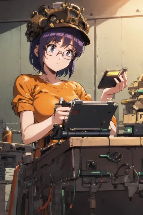 anime style, ultra detailed, masterpiece,cowboy shot, steampunk girl at a workbench, mechanic, leathercap, glasses, short purple hair, orange shirt, looking down tinkering with a device
