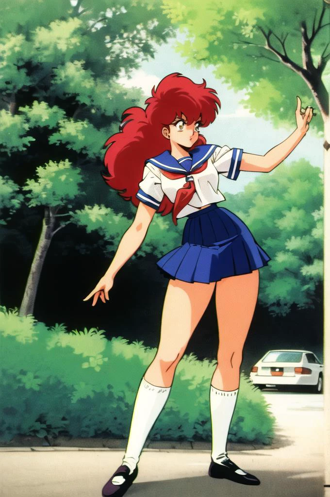 retro artstyle, 1980s \(style\), a-ko, 1girl, solo, upper body, red hair, school uniform, blue collar, scarf, white blouse, long blue skirt, knee high socks, shoes, japanese suburban street with trees, dynamic pose, (profiles:0.4), <lora:Project_A-Ko-000013:0.8>