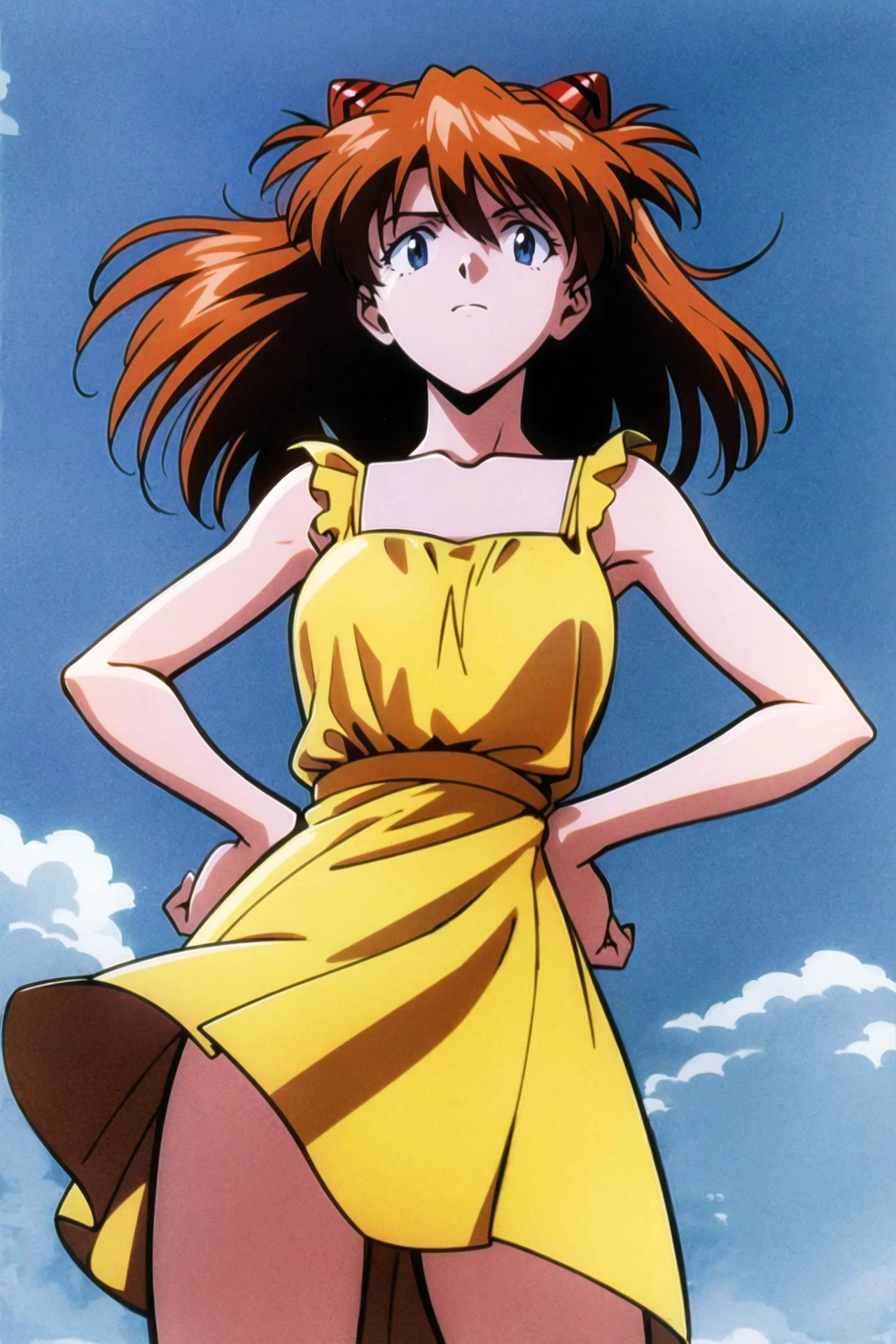 <lora:asukalangley:0.8>, asuka langley, evangelion, high detail, day time, 1980s \(style\), retro artstyle, 1girl, arms on hips, (wearing a yellow sundress:1.3), sky background, hands on hips, confident look, view from below, looking at viewer