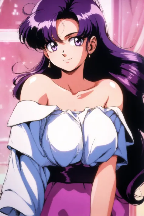 1girl, solo, long hair, breasts, looking at viewer, smile, bangs, shirt, dress, bare shoulders, closed mouth, purple eyes, collarbone, white shirt, upper body, purple hair, short sleeves, sidelocks, shiny, off shoulder, parted bangs, wavy hair, off-shoulder shirt, retro artstyle, 1990s (style), 1980s (style)