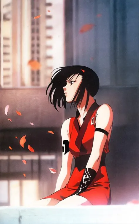 (urushihara satoshi), 1990s (style), retro artstyle, a photo of fthcnnrs woman wearing a red dress, sleeveless kimono, arm tattoo, sitting on a ledge, reflections, city, surrounded by abstract red and white geometry, sakura petals floating in the air <lora:Faith_Connors:.9>