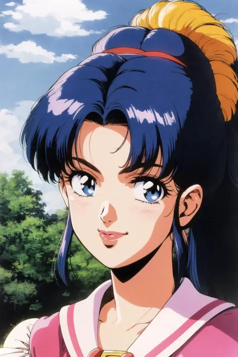 amano kazumi, gunbuster, top wo nerae!, 1girl, solo, long hair, looking at viewer, smile, bangs, blue eyes, shirt, black hair, closed mouth, blue hair, ponytail, outdoors, sky, day, cloud, tree, blue sky, lips, parted bangs, eyelashes, makeup, light smile, lipstick, portrait, close-up, retro artstyle, 1980s (style), anime coloring