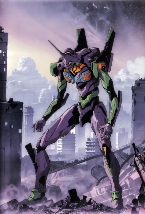 (eva 01), 1evangelion mecha, fullbody, standing,  science fiction, intense angle,  giant robot, looking at viewer, (official art:1.2), <lora:EVAIII:0.7>, clear lines, retro artsyle, 1980s (style),  city ruins on the horizon