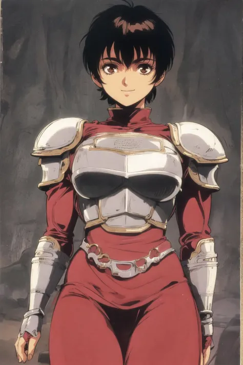 casca \(berserk\), 1girl, looking at the viewer, cowboy shot, muscular, in light plate armor, longsleeve, longpants, impudent smile, short black hair, brown eyes, retro artstyle, 1980s (style)